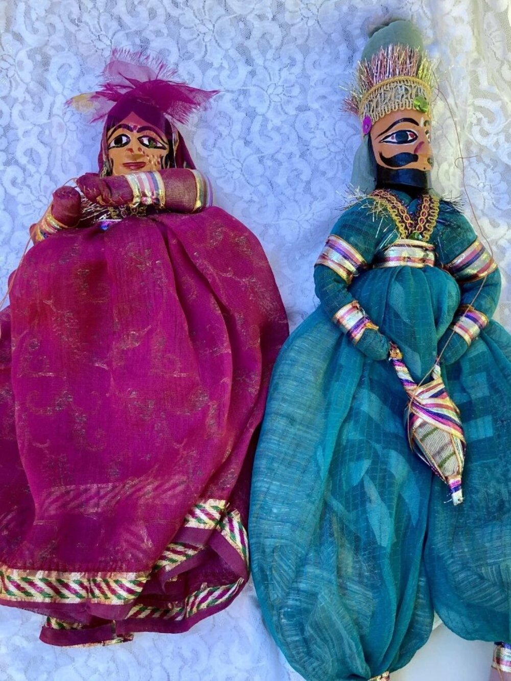 2 Vintage Indian Kathputli Puppets Reversible Man Woman Folk Marionette dolls